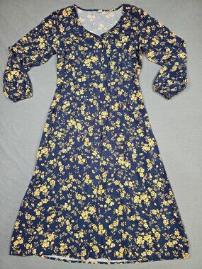 Old Navy Floral Navy & Yellow Long Sleeve Midi Dress M Cottage Core
